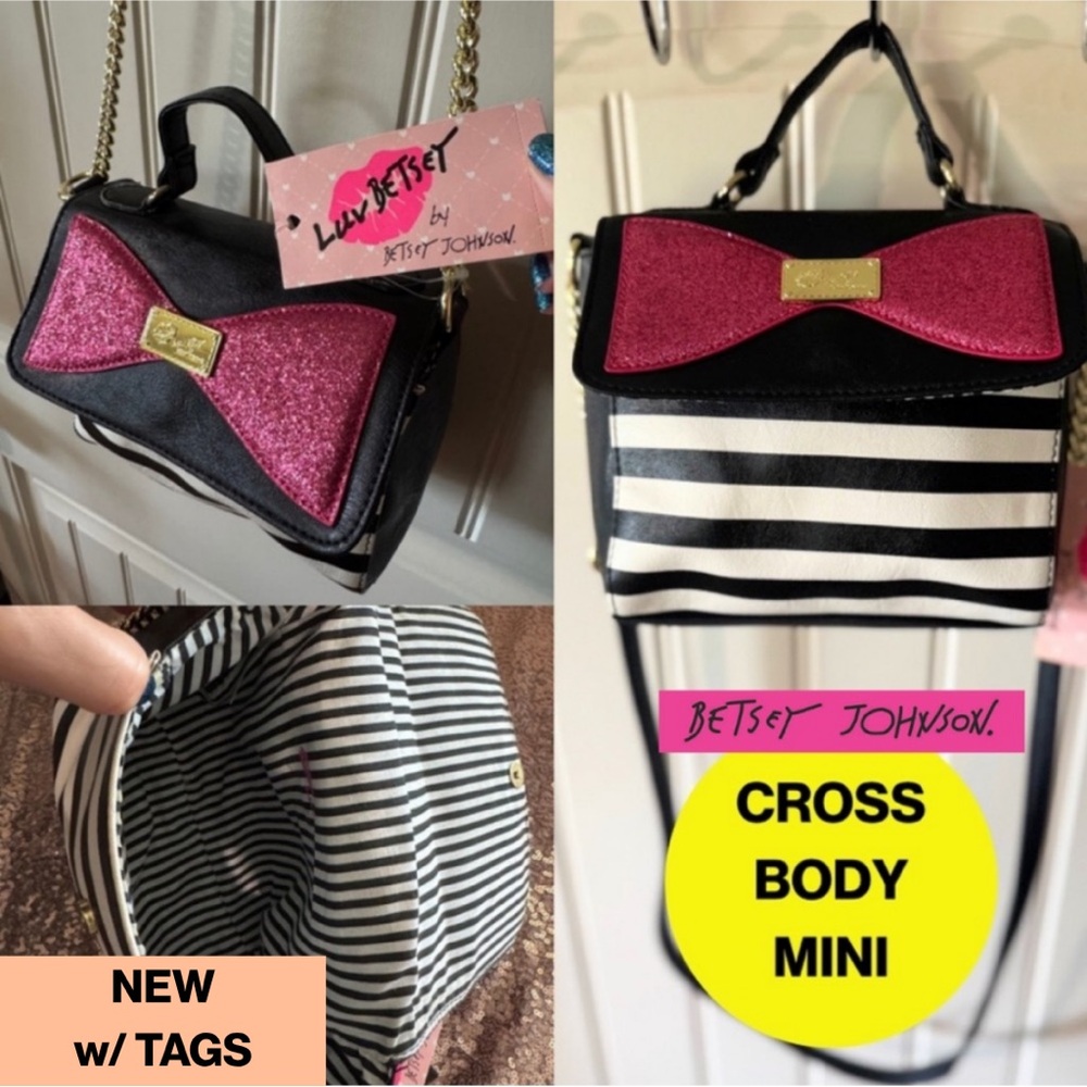 BETSEY JOHNSON 🎀 Black/Pink Bow Striped Crossbody Bag, Gold Chains